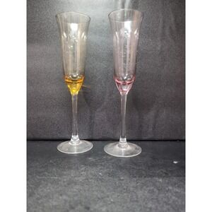 Etched‎ Lead Crystal Champagne Flutes, Fluted Chintz Glass, Yellow & Pink Glass